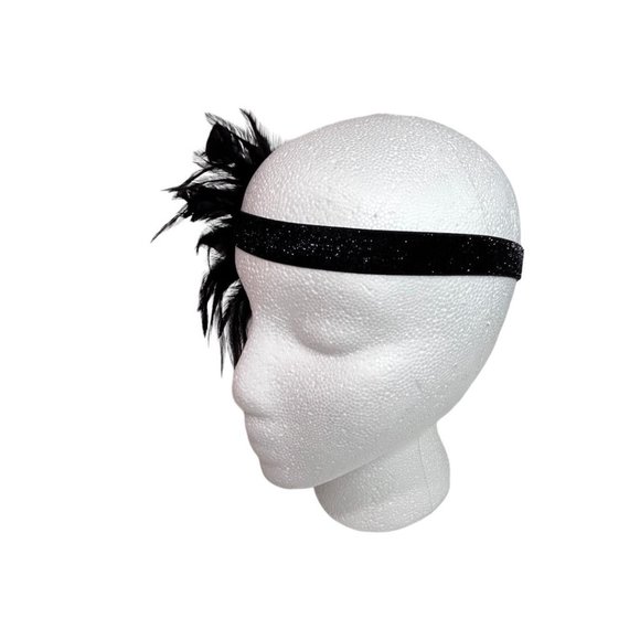 Flappers Style Black Rhinestone Feathered Headband Art Deco Style One Size Adult - Picture 5 of 6